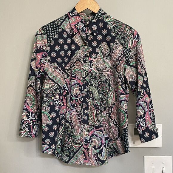 Lauren Ralph Lauren Top‎ Patchwork Paisley Button Down Shirt Sz Small EUC - Picture 1 of 13